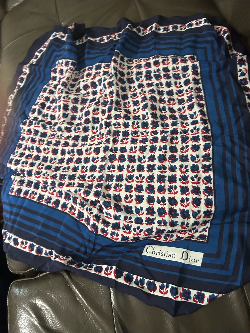 Dior Navy Blue White Red Patterned Silk Scarf